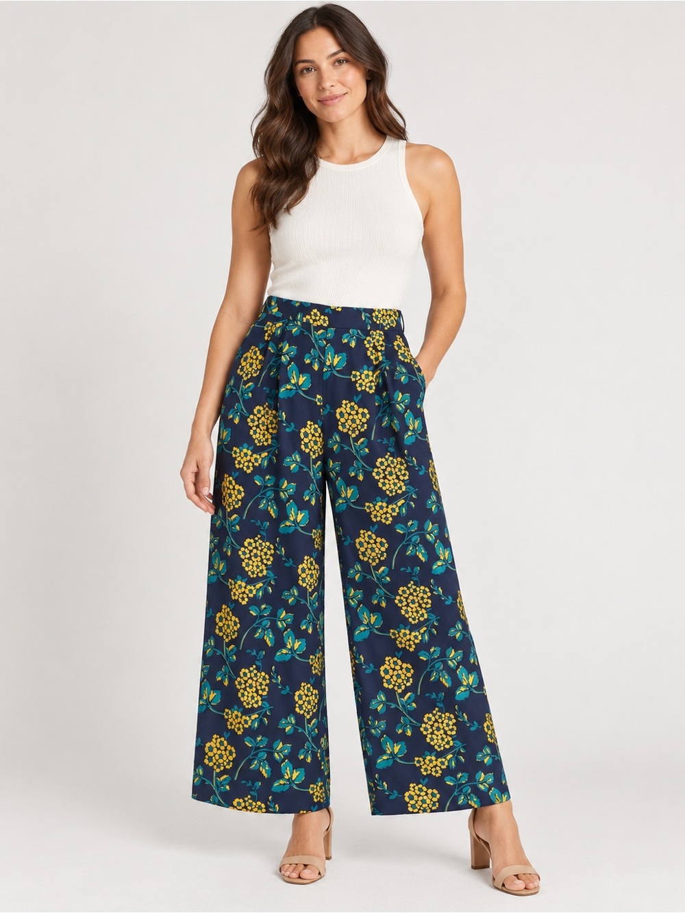 J.Crew Floral Wide Leg Pants Women’s Size 6 Navy Mustard Teal Pleated